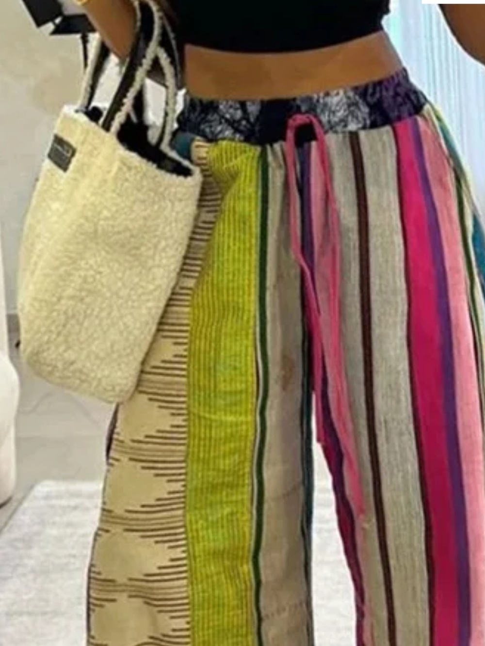 Uoozee Striped Wide-Leg Flare Pants in Pink & Green